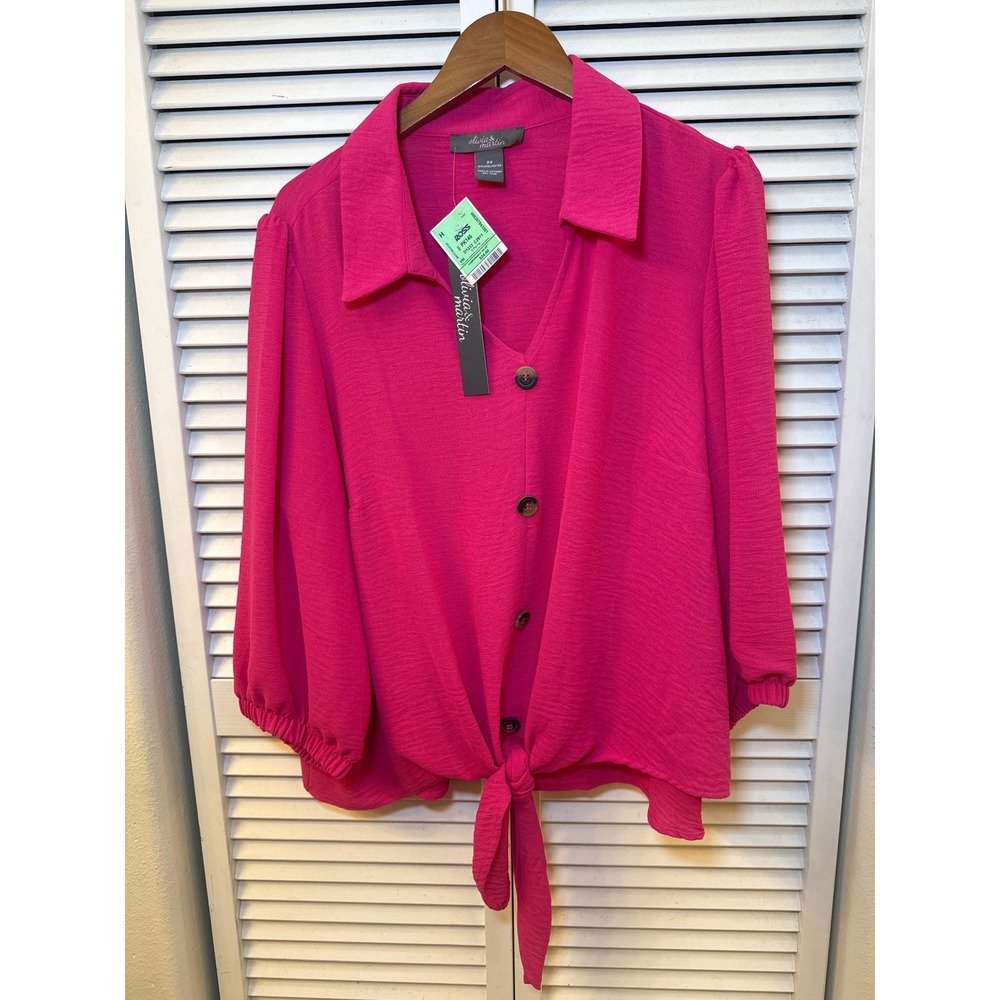 Olivia & Martin Women 2X Hot Pink Tie Front Button Blouse 3/4 Puff Sleeve NEW